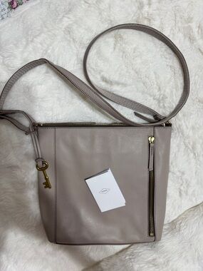 Fossil Tara Taupe Leather Crossbody Bag with Zip Pocket